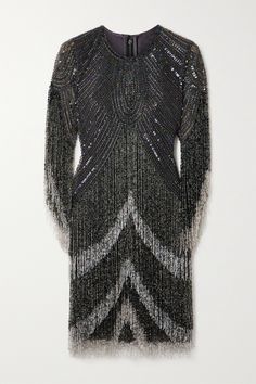 This Naeem Khan mini dress is made of tulle and features strategically placed beads and sequins. The dress also has layers of fringe that move beautifully. The dress has a round neck and three-quarter sleeves. Tulle Mini Dress, Naeem Khan, Tassels Fashion, Yes To The Dress, Embellished Dress, Gray Dress, Elegant Fashion, Mini Black Dress