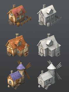 several different types of houses on a gray background