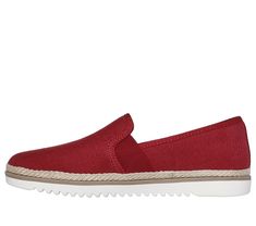 Bring on the vacay vibes in style and comfort with BOBS from Skechers Flexpadrille Lo. This casual espadrille flat features a linen upper with twin gore panels, jute midsole trim, and a cushioned Skechers Memory Foam insole. For every BOBS purchase, a donation is made to animals in need. | Skechers Women's BOBS Flexpadrille Lo Slip-On Shoes | Medium Width | Skechers Memory Foam cushioned comfort insole | Crafted with 100% vegan materials | Linen upper with twin gore panels | Low profile lightweight espadrille midsole with jute trim | Flexible sawtooth traction outsole | Machine washable | BOBS from Skechers Vacay Vibes, Skechers Memory Foam, Skechers Women, Flat Espadrilles, Skechers Shoes, Material Design, Red Fashion, Slip On Shoes, Low Profile