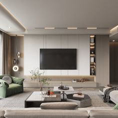 a large living room with couches and a flat screen tv mounted on the wall