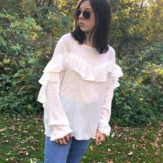 Understated Flair, This Nwt White Ruffled Blouse Is Cute And Will Get You Ready For Fall! Long Sleeves Work Well With The Ruffle Detail. Daytime Cotton Blouse With Ruffles, Chic Ruffled Tops For Daytime, White Ruffled Blouse For Daytime, Long Sleeve Tops For Daytime In Fall, Casual Tops For Daytime In Fall, Casual Fall Tops For Daytime, Casual Fall Daytime Tops, Trendy White Daytime Blouse, Feminine Ruffled Blouse For Daytime