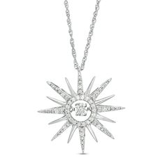 Your style shines with this eye-catching diamond pendant from the Unstoppable Love™ Collection. Created in sterling silver, this stunning choice features a shimmering sun with alternating polished and diamond-touched beaded rays. At the center, a diamond glistens in a unique setting that moves with every beat of her heart and every turn of her head. Radiant with 1/10 ct. t.w. of diamonds and a brilliant buffed luster, this pendant suspends along an 18.0-inch rope chain that secures with a spring Starburst Diamond Jewelry For Anniversary, Starburst Brilliant Cut Jewelry For Anniversary, Starburst Diamond Jewelry, Diamond Starburst Necklace With Diamond Accents, Starburst Diamond Necklace With Accents, Diamond Starburst Necklace With Accents, Silver Starburst Jewelry With Diamond Accents, Dazzling Starburst Jewelry With Diamond Accents, Anniversary Starburst Jewelry With Diamond Accents