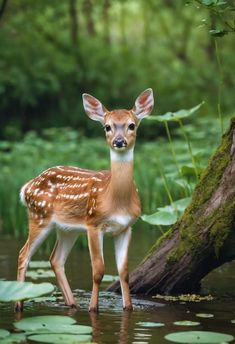 a young deer standing in the water near a tree trunk and lily pads on the ground