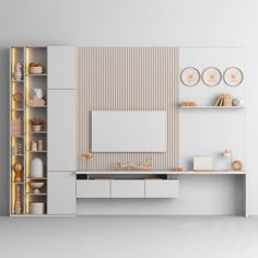 a white room with shelves, cabinets and plates on the wall in front of it