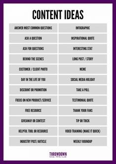 a table with the words content ideas and other things to do on it in purple