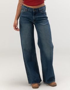 WRANGLER Low Rise Womens Baggy Jeans - MED BLAST | Tillys Low Rise Fitted Jeans, Medium Rise Jeans, Outfits For Bigger Bust, Hollister Low Rise Baggy Jeans, Cool Outfits Women, Grungy Jeans, Tillys Jeans, Bagy Jeans, Mid Rise Jeans Outfit