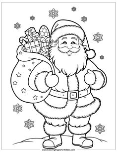 santa claus with presents in his hand coloring page for christmas cards and other holiday activities