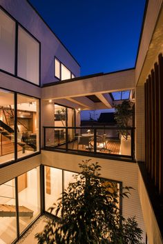 an exterior view of a house with large windows and plants in the foreground at night