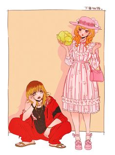 a drawing of two women in dresses and hats, one is holding a lemon while the other holds a pink purse