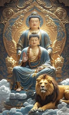 a lion laying next to a buddha statue on top of a cloud filled sky with clouds