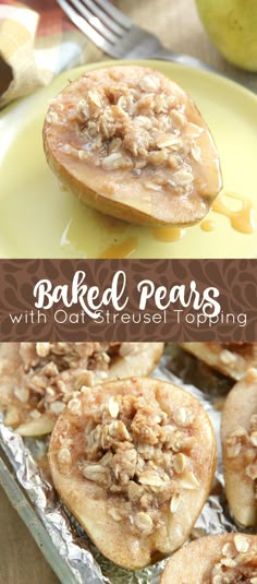 baked pears with oatmeal topping on a plate