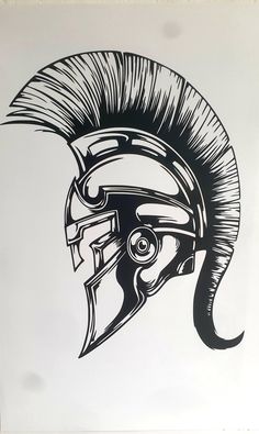 a black and white drawing of a helmet with long horns on the side is shown