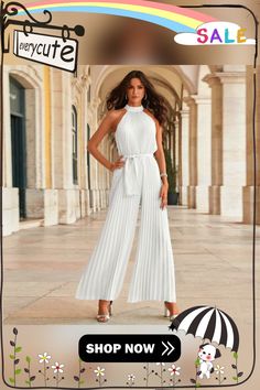 Sexy Haltered Sleeveless Pleated Jumpsuits for Summer Women Jumpsuits New Casual Lace-up Slim Fit Pleated Jumpsuit White Stretch Halter Neck Jumpsuits And Rompers, White Sleeveless Bodysuit For Party, White Sleeveless Party Bodysuit, White Stretch Strapless Sleeveless Jumpsuit, White Sleeveless Bodysuit For Night Out, Pleated Jumpsuit, Jumpsuits And Romper, Casual Lace, Jumpsuit Fashion