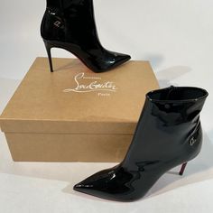 Brand New, Never Worn Authentic Christian Louboutin Sporty Kate Ankle Boots In A Black Patent Leather Finish. In Perfect Condition, Only Ever Tried On On Carpet. Super Sexy And Sleek With An 85mm Heel Height You Could Wear For Hours. Size 36. Luxury Ankle Boots With 4-inch Heel, Luxury Patent Leather Heeled Boots For Evening, Luxury High Heel Patent Leather Boots, Luxury Patent Leather High Heeled Boots, Luxury High Ankle Heeled Boots For Evening, Luxury Pointed Toe Heeled Boots With 4-inch Heel, Luxury Heeled Boots With 4-inch Pointed Toe, Luxury Heeled Boots With 4-inch Heel And Pointed Toe, Luxury Ankle-high Heeled Boots For Formal Occasions