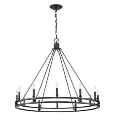 Palatial elegance offers a charming attitude that illuminates a classic custom space. This twelve-light chandelier adopts a dramatic aesthetic with geometric influence, and shows off a gorgeous Modern Matte Black metal ring frame dotted with candelabra bulb mounts. Z-Lite Dennison 12-Light Matte Black Transitional Chandelier | 4005-12MB Dramatic Aesthetic, Black Metal Rings, 12 Light Chandelier, Ring Frame, Transitional Chandelier, Transitional Chandeliers, Wagon Wheel Chandelier, Residential Lighting, Large Chandeliers