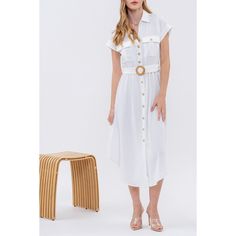 Effortless chic meets laid-back elegance in our August Sky Women's Belted Button-Up Shirt Dress. Featuring a classic spread collar and trendy batwing short sleeves, this dress effortlessly combines style and comfort. The front button-up closure, adorned with two front pockets, adds a touch of utility, while the O-ring belt cinches the waist for a flattering fit. Constructed from lightweight fabric, the U-hemline adds a modern twist. Please note, lighter colors may exhibit a hint of sheerness, em Summer Stretch Button-up Dress, White Belted Button-up Dresses, White Button-up Dress For Daytime, White Button-up Shirt Dress For Daytime, Cotton Button-up Shirt Dress With Button Closure, Button Up Shirt Dress, Ring Belt, White Shirt Dress, Versatile Dresses