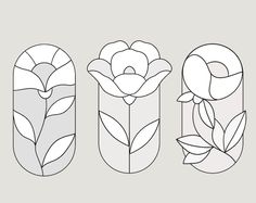 three vases with flowers and leaves on them, each one in the same pattern