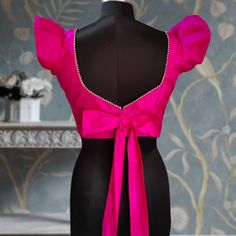 Fabric: silk Color: hot pink Details: beaded neckline,  back open, back bow, flutter sleeves Size: please choose a standard size or custom measurements.  If you choose custom measurements I'll send you a detailed measurements chart.  Please send me a message for questions or customisation Blouses With Bow At The Back, Bow Blouses Designs, Back Big Bow Blouse Design For Saree, Bow Neck Blouse Designs, Bow Style Blouse For Saree, Bow Back Blouse Design, Backside Bow Blouse Design, Blouse Designs Latest Bow Style, Bow Pattern Blouse Design