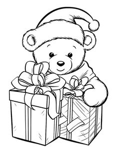 a teddy bear in a santa hat holding a gift box with a bow on it