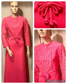 Amazing 1960's Vintage HOT PINK POLYESTER Dress with Empire Waist, Bow and Lace Bodice Union Label Zips Up the Back Fun for Halloween  Measurements: shoulders 14" sleeves 25" chest 40" waste 30" hips 50" bodice 15.5" waist to hem 35" total length shoulder to hem 51" Please take a moment to look at the other cool eclectic vintage items I have here in my Etsy shop. Follow Chez Gigi Studios for new daily listings! Thanks! Celeste @ Chez Gigi Studios https://linktr.ee/chezgigistudios Halloween Measurement, Fitted 1970s Dress With Empire Waist, 1970s Fitted Dress With Empire Waist, Retro Pink Dress With Button Closure, 1970s Empire Waist Fitted Dress, 1970s Pink Long Sleeve Dress, Vintage Eclectic, Polyester Dress, Lace Bodice