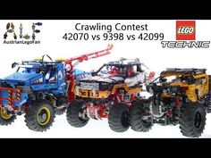 three lego monster trucks are shown side by side with the words crawling contest on them