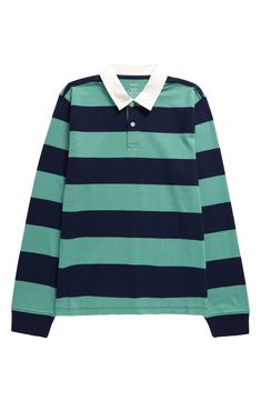 Your kid can rock a retro-sporty look in this cotton-jersey polo made with classic rugby stripes, a contrast collar and a relaxed fit. 25 1/2" length (size XL) Button half placket 100% cotton Machine wash, tumble dry Imported Navy Peacoat, Rugby Stripe, Clothing Aesthetic, Bold Stripes, Contrast Collar, Rock A, Sewing Project, Rugby Shirt, Sporty Look