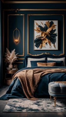 a bedroom with blue walls and gold accents