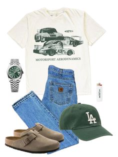 Vintage thrifted outfit inspo birkinstock boston carhartt jeans pants aime leon dore style green baseball cap rolex fit pic Mode Shoes, Skandinavian Fashion, Guys Clothing Styles, Power Dressing, Streetwear Men Outfits, Lookbook Outfits, Retro Outfits, Casual Fits, Cute Casual Outfits