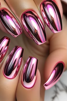 Valentines Day Nails Red Chrome, Pink Crome Valentines Nails, Garnet Nail Color, Pink And Purple Chrome Nails, Chrome Valentines Nails Designs, Chrome Colors For Nails, Valentine Nails Chrome, Valentine’s Day Chrome Nails, Valentines Day Chrome Nails