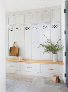 a room with white cabinets and a plant