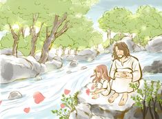 a painting of jesus and two children by a river