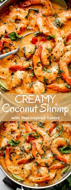 creamy coconut shrimp with basil and parsley in a skillet