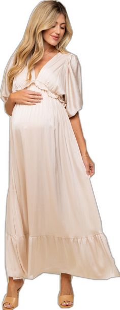 Maternity Maxi Dress With Ruched Detail, Flowy Modest Maternity Maxi Dress, Ruched Maxi Maternity Dress, Ruched Maternity Maxi Dress, Cream Maternity Dress For Spring, Ruched V-neck Maternity Dress, Spring Maternity Floor-length Maxi Dress, Spring Maternity Maxi Dress Floor-length, Spring Tiered Maternity Dress