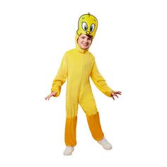 a young boy dressed in a yellow ducky costume with his hands out to the side