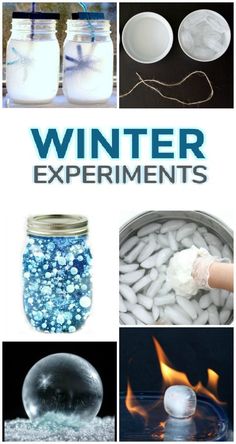 the cover of winter experiments is shown with images of fire and water in mason jars