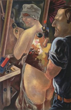 a painting of two men in front of a mirror