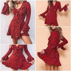 vintage leopard winter ruffle flare sleeve dress Dress Ruffles, Autumn Sleeve, Vintage Leopard, Flare Sleeve Dress, Elegant Attire, Red S, Leopard Dress, Mini Dresses, Winter Dresses