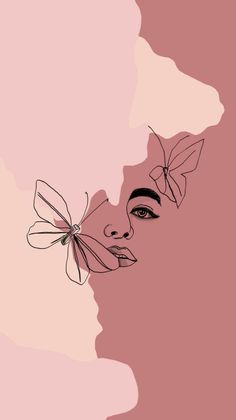 a woman's face with butterflies flying over her head, on a pink background