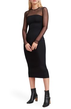 Sheer panels of mesh bare tantalizing peeks of skin along the sleeves and neckline of this flirty cocktail dress. 46 1/2" length Hidden side-zip closure Crewneck Long sleeves 60% viscose, 30% polyamide, 10% Lycra® spandex Hand wash, line dry Imported Fitted Midi Dress With Sheer Sleeves For Cocktail, Evening Mini Dress With Stretch Mesh Sleeves, Stretch Mesh Dress With Sheer Sleeves For Date Night, Fitted Midi Dress With Sheer Bodice For Night Out, Chic Fitted Mesh Dress With Sheer Bodice, Glamorous Fitted Mesh Dress With Sheer Sleeves, Sheer Stretch Knee-length Mesh Dress, Elegant Club Dress With Sheer Bodice, Elegant Mesh Dress For Club