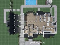 an aerial view of a house with swimming pool and patio area in the middle of it