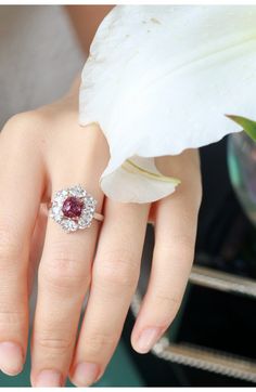 *Condition: Brand new *Center Stone: Natural Pink Peach Spinel, Cushion Cut, approx 1.03ct, 5.7 x 5.3mm *Side stones: Natural White Sapphire Pear Cut Natural White Diamond, approx 0.08ct total (VS1 clarity and F color) *Metal Purity: Can be select Each piece is made-to-order with care and special attention to detail. all items are made with conflict-free diamonds and gems. Size: made to order The item will be gift wrapped and shipped. ------------------------------------------------------------- Fine Jewelry White Gold Gemstone Flower Ring, Elegant Pink Cluster Diamond Ring, Elegant Pink Cluster Rings, Formal Diamond Flower Ring With Gemstone, Formal Flower Ring With Halo Setting, Elegant Pink Cluster Ring With Halo, Halo Setting Flower Shaped Ring For Formal Occasions, Halo Setting Flower Ring For Formal Occasions, Halo Setting Flower Ring For Formal Events