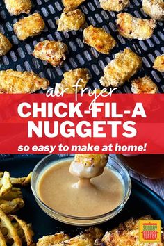 chicken nuggets on a grill with sauce in the middle and text overlay