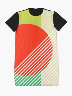 a t - shirt with an abstract design in red, green and yellow colors on the front