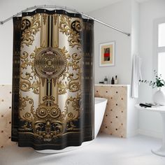 a bathroom with a gold shower curtain in the middle and a white bathtub next to it