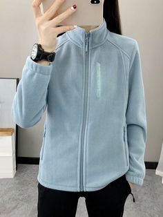 Women's Outdoor Fleece Jacket, Warm & Breathable Zip-Up Stand Collar Sweatshirt, Slim Fit For Hiking & Sports, Spring & Autumn Baby Blue   Long Sleeve Knitted Fabric Letter,Plain Fleece jacket Slight Stretch  Women Outdoor Apparel, size features are:Bust: ,Length: ,Sleeve Length: Womens Outdoor Clothing, Fleece Cardigan, Collared Sweatshirt, Hiking Women, Velvet Jacket, Spring And Autumn, Outdoor Woman, Outdoor Apparel, Long Sleeve Knit