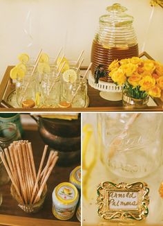 there are several different pictures with lemons and drinks on the table, including honey jars