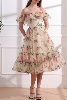 Corset Off the Shoulder Floral Print Organza Tiered Dress Spring Off-shoulder Organza Dress, Short Sleeve Organza Dresses For Garden Party, Organza Short Sleeve Dress For Garden Party, Organza Dresses For Garden Party, Feminine Floral Print Organza Dress, Summer Floral Print Organza Dress, Floral Print Organza Dresses For Garden Party, Organza Floral Print Garden Party Dress, Spring Floral Print Organza Dress