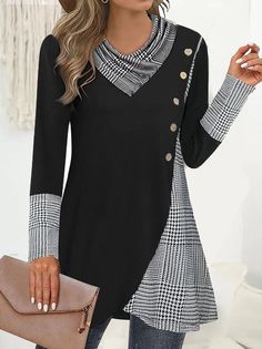 Shop Affordable  Women Shirts Spring/Fall Shirt&blouse Casual Shirt&blouse Plaid Shirt&blouse Loose Daily Long Sleeve TUNIC On Justfashionnow.com Cowl Neck Long Sleeve, Stil Elegant, Tunic Sweatshirt, Blouse Casual, Plaid Blouse, Long Sleeves Coats, Moda Plus, Plus Size Kleidung, Fall Shirt