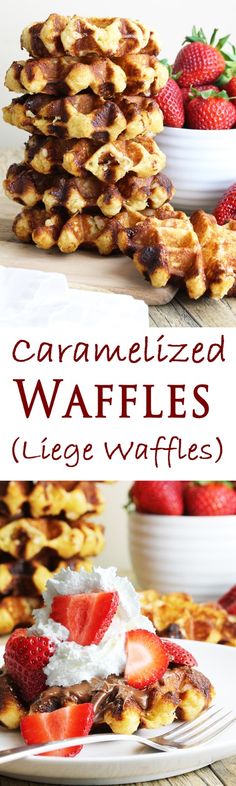 caramelized waffles stacked on top of each other with strawberries