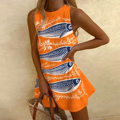 Women's Crew Neck Sleeveless Beach Dress, Sardines Graphic, High Waist Casual Dress, Daily Designer Short Fashion, Designer Style, Beach Dress, Casual Dress, High Waist, High Waisted, Crew Neck, Design